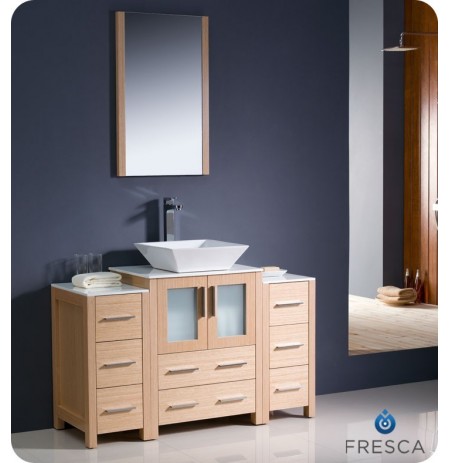 Fresca FVN62-122412LO-VSL Torino 48" Modern Bathroom Vanity with 2 Side Cabinets and Vessel Sink in Light Oak
