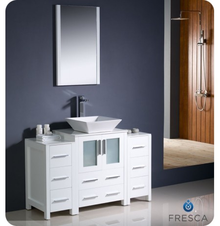 Fresca FVN62-122412WH-VSL Torino 48" Modern Bathroom Vanity with 2 Side Cabinets and Vessel Sink in White