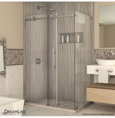 DreamLine Enigma-X 34 1/2" by 48 3/8" Fully Frameless Sliding Shower Enclosure, Clear 3/8" Glass Shower, Polished Stainless Steel Finish