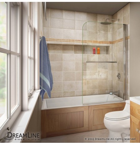 DreamLine AquaSwing Tub Door 34 in. W x 58 in. H Clear Glass Tub Door in Chrome Finish