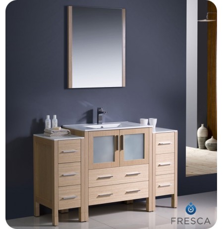 Fresca FVN62-123012LO-UNS Torino 54" Modern Bathroom Vanity with 2 Side Cabinets and Integrated Sink in Light Oak