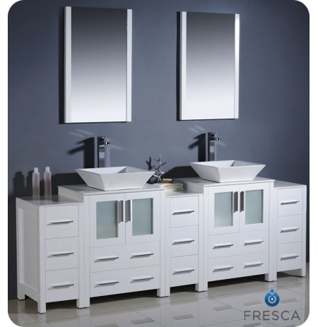 Fresca FVN62-72WH-VSL Torino 84" Double Sink Modern Bathroom Vanity with 3 Side Cabinets and Vessel Sinks in White
