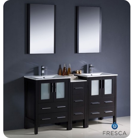Fresca FVN62-241224ES-UNS Torino 60" Double Sink Modern Bathroom Vanity with Side Cabinet and Integrated Sinks in Espresso