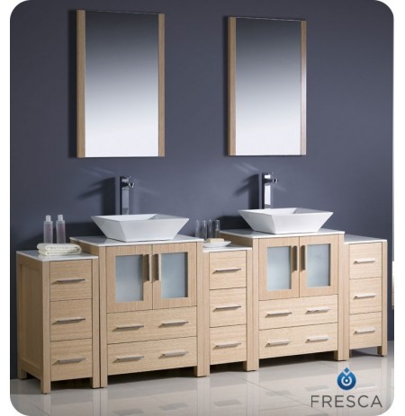 Fresca FVN62-72LO-VSL Torino 84" Double Sink Modern Bathroom Vanity with 3 Side Cabinets and Vessel Sinks in Light Oak