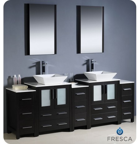 Fresca FVN62-72ES-VSL Torino 84" Double Sink Modern Bathroom Vanity with 3 Side Cabinets and Vessel Sinks in Espresso
