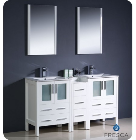 Fresca FVN62-241224WH-UNS Torino 60" Double Sink Modern Bathroom Vanity with Side Cabinet and Integrated Sinks in White