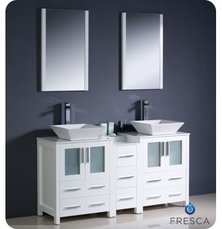 Fresca FVN62-241224WH-VSL Torino 60" Double Sink Modern Bathroom Vanity with Side Cabinet and Vessel Sinks in White